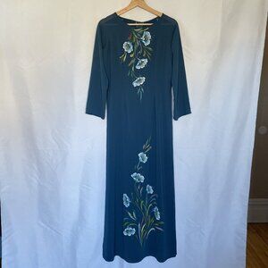 Vintage Teal Maxi Dress With Floral Hand-Painted Design & Long Sleeves high slit